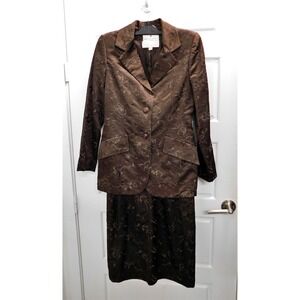 Oscar de la‎ Renta USA Brown Brocade Silk Blend Skirt Suit Sz 6